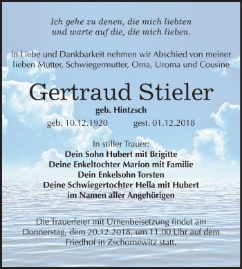 Traueranzeige von Gertraud Stieler von Mitteldeutsche Zeitung Bitterfeld