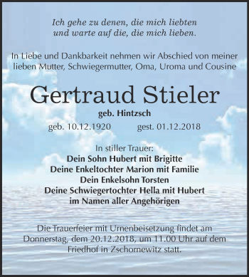 Traueranzeige von Gertraud Stieler von WVG - Wochenspiegel Bitterfeld