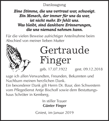Traueranzeige von Gertraude Finger von WVG - Wochenspiegel Bitterfeld