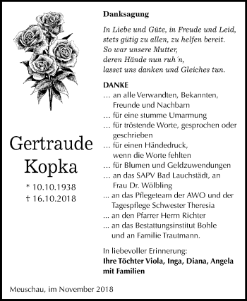 Traueranzeige von Gertraude Kopka von Mitteldeutsche Zeitung Merseburg/Querfurt