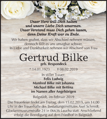 Traueranzeige von Gertrud Bilke von Mitteldeutsche Zeitung