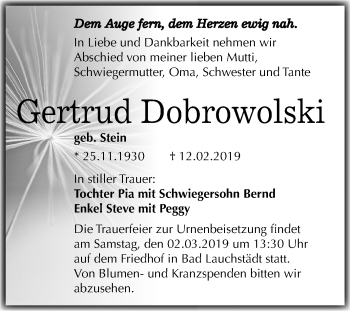 Traueranzeige von Gertrud Dobrowolski von Mitteldeutsche Zeitung Merseburg/Querfurt