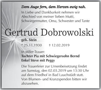 Traueranzeige von Gertrud Dobrowolski von WVG - Wochenspiegel Merseburg