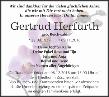 Traueranzeige von Gertrud Herfurth von WVG - Wochenspiegel Merseburg