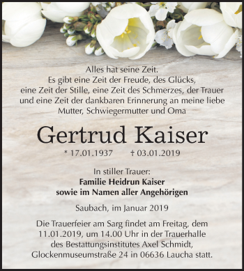 Traueranzeige von Gertrud Kaiser von Mitteldeutsche Zeitung Naumburg/Nebra