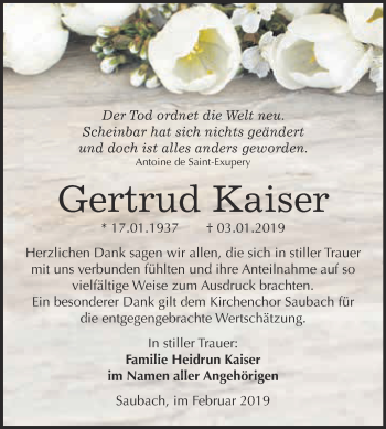 Traueranzeige von Gertrud Kaiser von WVG - Wochenspiegel NMB / WSF / ZTZ