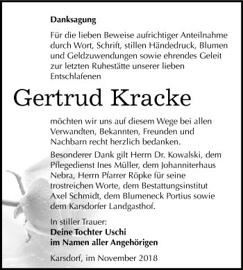 Traueranzeige von Gertrud Kracke von Mitteldeutsche Zeitung Naumburg/Nebra