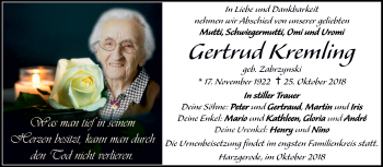 Traueranzeige von Gertrud Kremling von Mitteldeutsche Zeitung Quedlinburg