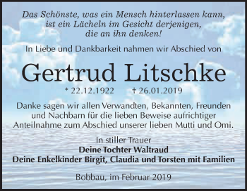 Traueranzeige von Gertrud Litschke von WVG - Wochenspiegel Bitterfeld