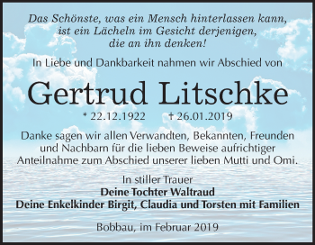 Traueranzeige von Gertrud Litschke von Mitteldeutsche Zeitung Bitterfeld
