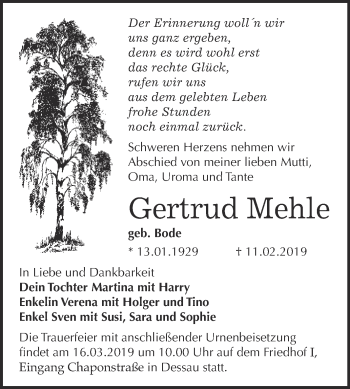 Traueranzeige von Gertrud Mehle von WVG - Wochenspiegel Dessau / Köthen