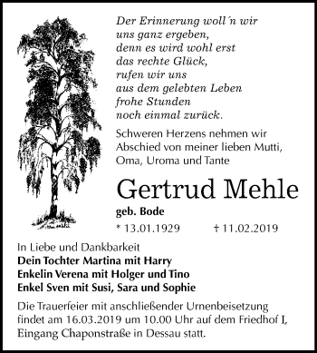 Traueranzeige von Gertrud Mehle von Mitteldeutsche Zeitung Dessau-Roßlau