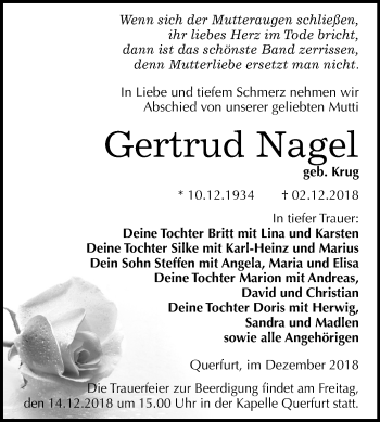 Traueranzeige von Gertrud Nagel von Mitteldeutsche Zeitung Merseburg/Querfurt