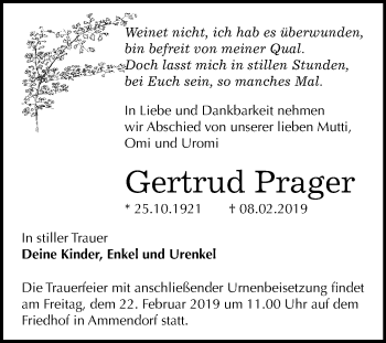 Traueranzeige von Gertrud Prager von Mitteldeutsche Zeitung Halle/Saalkreis