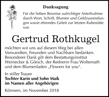 Traueranzeige von Gertrud Rothkugel von Mitteldeutsche Zeitung Bernburg