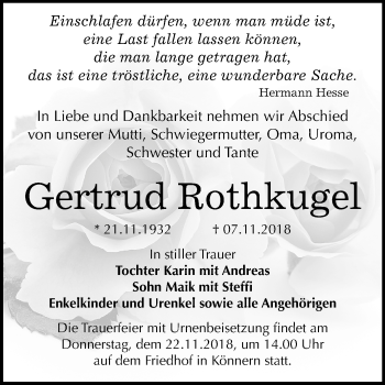 Traueranzeige von Gertrud Rothkugel von Mitteldeutsche Zeitung Bernburg