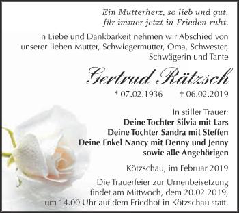 Traueranzeige von Gertrud Rätzsch von Super Sonntag Merseburg