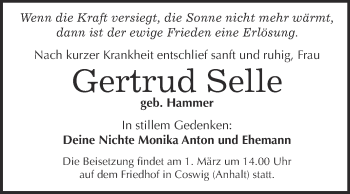 Traueranzeige von Gertrud Selle von Super Sonntag Wittenberg