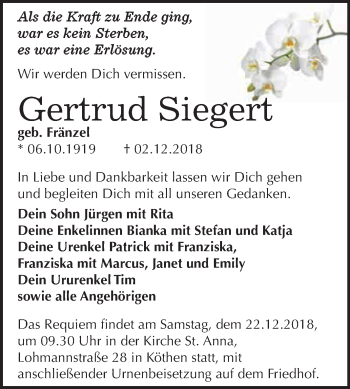 Traueranzeige von Gertrud Siegert von WVG - Wochenspiegel Dessau / Köthen