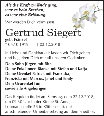 Traueranzeige von Gertrud Siegert von Mitteldeutsche Zeitung Köthen