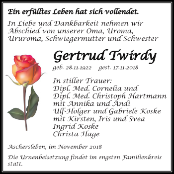 Traueranzeige von Gertrud Twirdy von Mitteldeutsche Zeitung Aschersleben