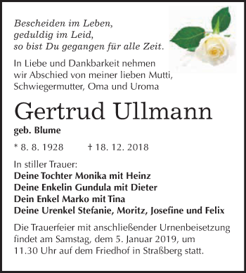 Traueranzeige von Gertrud Ullmann von WVG - Wochenspiegel Quedlinburg