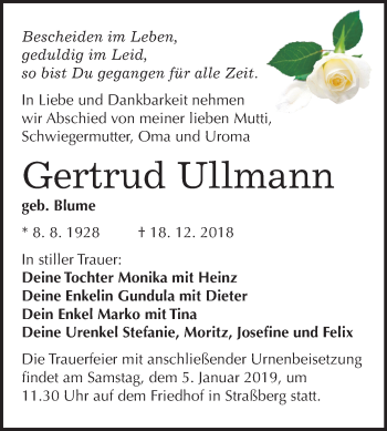 Traueranzeige von Gertrud Ullmann von Mitteldeutsche Zeitung Quedlinburg