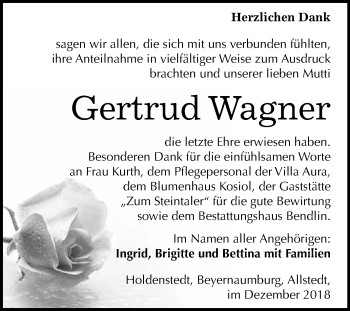 Traueranzeige von Gertrud Wagner von Super Sonntag SGH Mansf. Land