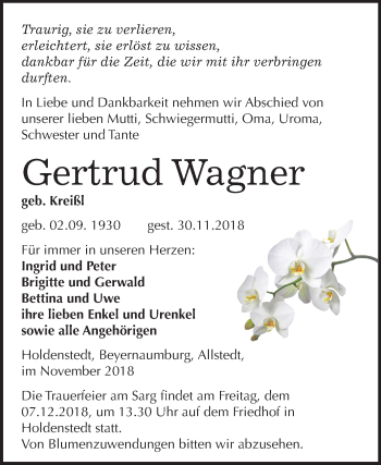 Traueranzeige von Gertrud Wagner von Mitteldeutsche Zeitung Sangerhausen