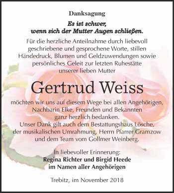 Traueranzeige von Gertrud Weiss von WVG - Wochenspiegel Wittenberg
