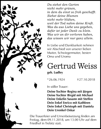 Traueranzeige von Gertrud Weiss von Mitteldeutsche Zeitung Wittenberg