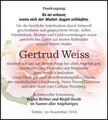 Traueranzeige von Gertrud Weiss von Mitteldeutsche Zeitung Wittenberg