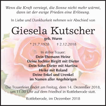 Traueranzeige von Giesela Kutscher von Super Sonntag SGH Mansf. Land