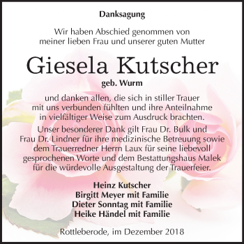 Traueranzeige von Giesela Kutscher von Mitteldeutsche Zeitung Sangerhausen