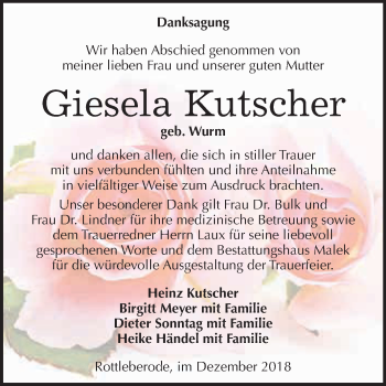 Traueranzeige von Giesela Kutscher von Super Sonntag SGH Mansf. Land