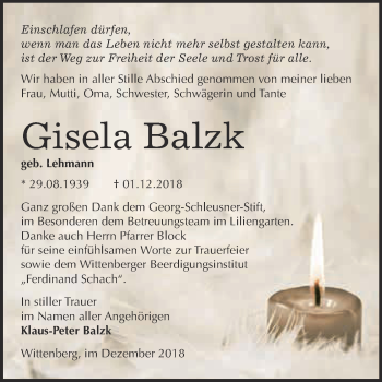 Traueranzeige von Gisela Balzk von WVG - Wochenspiegel Wittenberg