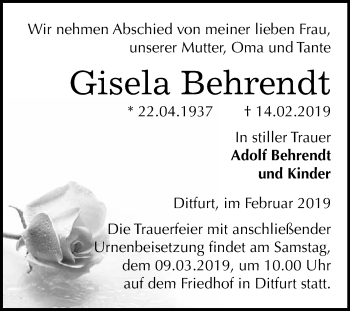 Traueranzeige von Gisela Behrendt von WVG - Wochenspiegel Quedlinburg