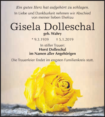 Traueranzeige von Gisela Dolleschal von WVG - Wochenspiegel Quedlinburg