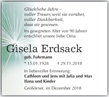 Traueranzeige von Gisela Erdsack von Mitteldeutsche Zeitung Aschersleben