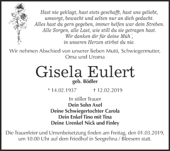 Traueranzeige von Gisela Eulert von WVG - Wochenspiegel Wittenberg