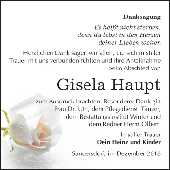 Traueranzeige von Gisela Haupt von Mitteldeutsche Zeitung Bitterfeld