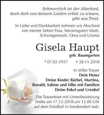 Traueranzeige von Gisela Haupt von Mitteldeutsche Zeitung Bitterfeld
