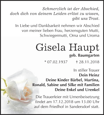Traueranzeige von Gisela Haupt von WVG - Wochenspiegel Bitterfeld