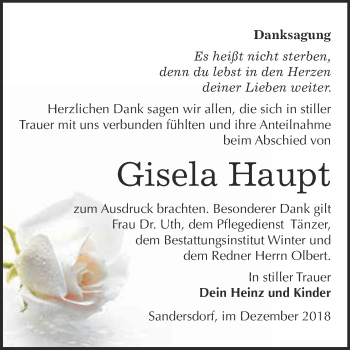 Traueranzeige von Gisela Haupt von WVG - Wochenspiegel Bitterfeld