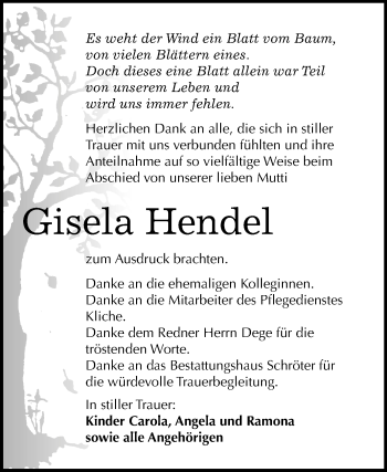 Traueranzeige von Gisela Hendel von Mitteldeutsche Zeitung Bitterfeld