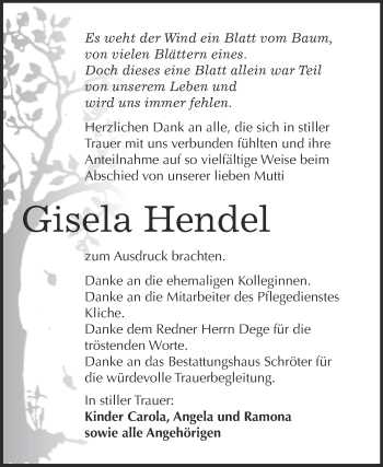 Traueranzeige von Gisela Hendel von WVG - Wochenspiegel Bitterfeld
