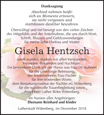 Traueranzeige von Gisela Hentzsch von Mitteldeutsche Zeitung Wittenberg