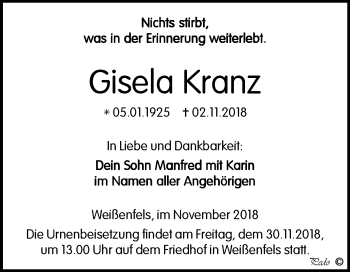 Traueranzeige von Gisela Kranz von Mitteldeutsche Zeitung Weißenfels