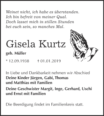Traueranzeige von Gisela Kurtz von WVG - Wochenspiegel Wittenberg