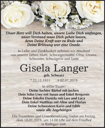 Traueranzeige von Gisela Langer von Mitteldeutsche Zeitung Köthen